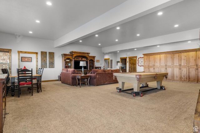 1560 Reserve Dr, Fish Haven, ID 83287 - playroom featuring light carpet, recessed lighting, billiards table, baseboards, and beamed ceiling