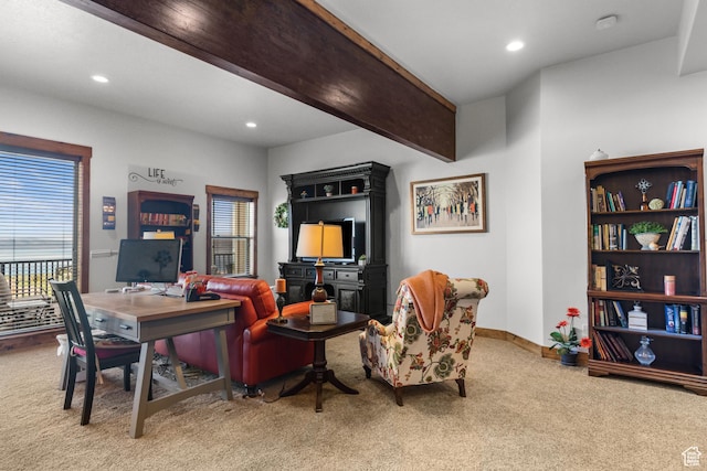 1560 Reserve Dr, Fish Haven, ID 83287 - living area featuring carpet flooring, recessed lighting, baseboards, and an office area