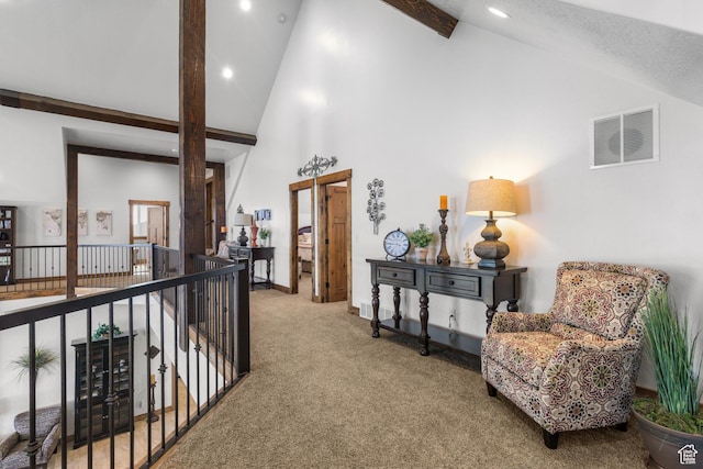 1560 Reserve Dr, Fish Haven, ID 83287 - hall featuring carpet, high vaulted ceiling, beam ceiling, recessed lighting, and baseboards