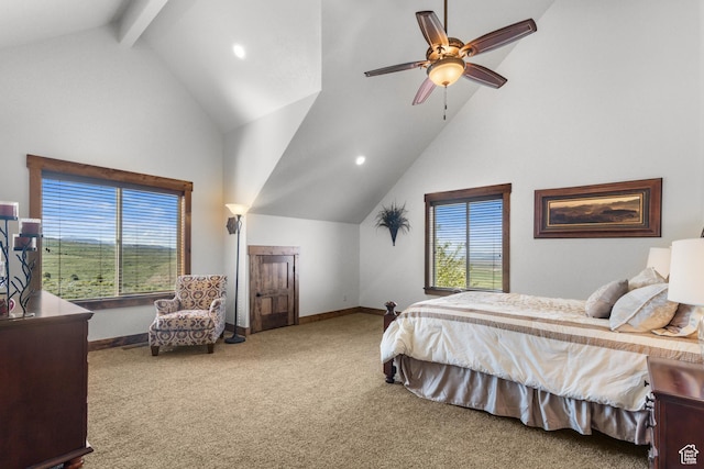 1560 Reserve Dr, Fish Haven, ID 83287 - carpeted bedroom with high vaulted ceiling, baseboards, beam ceiling, recessed lighting, and a ceiling fan