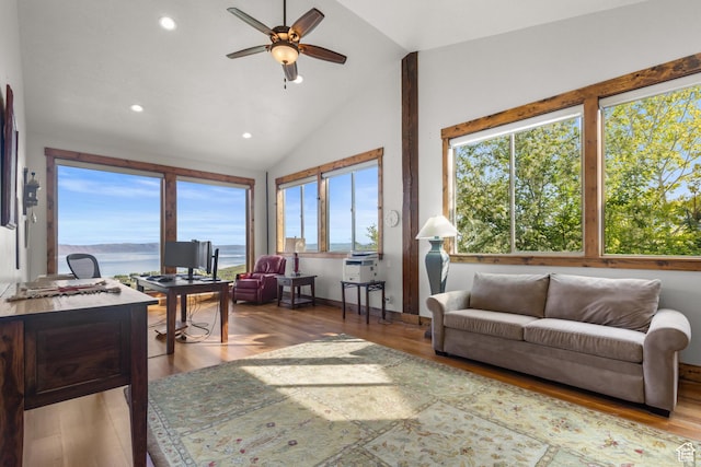 1560 Reserve Dr, Fish Haven, ID 83287 - office featuring lofted ceiling, recessed lighting, a ceiling fan, wood finished floors, and baseboards