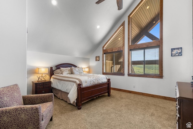 1560 Reserve Dr, Fish Haven, ID 83287 - carpeted bedroom featuring baseboards, lofted ceiling, and ceiling fan