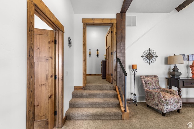 1560 Reserve Dr, Fish Haven, ID 83287 - stairs with carpet, baseboards, and beamed ceiling
