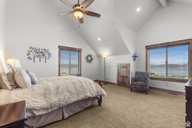 1560 Reserve Dr, Fish Haven, ID 83287 - bedroom with high vaulted ceiling, baseboards, recessed lighting, carpet flooring, and beamed ceiling