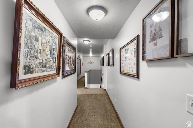 1560 Reserve Dr, Fish Haven, ID 83287 - hall featuring carpet floors, a textured ceiling, baseboards, and an upstairs landing
