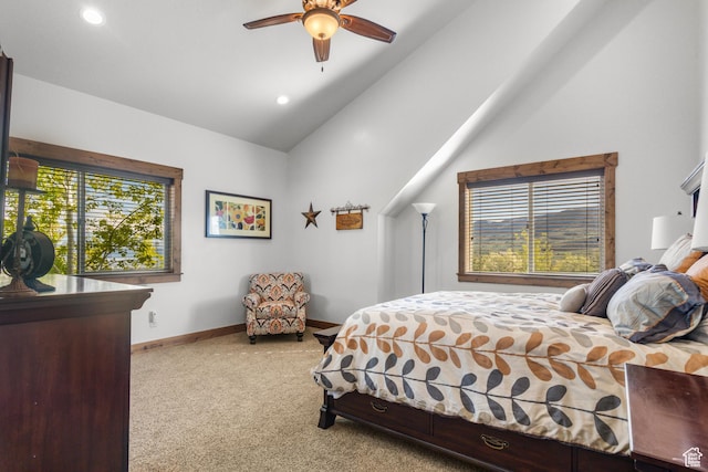 1560 Reserve Dr, Fish Haven, ID 83287 - bedroom with high vaulted ceiling, carpet, baseboards, recessed lighting, and a ceiling fan