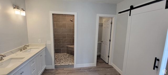 325 W Apple St, Grantsville, UT 84029 - bathroom featuring tiled shower, wood finished floors, double vanity, and baseboards