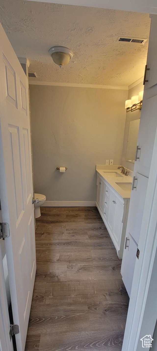 325 W Apple St, Grantsville, UT 84029 - bathroom featuring a textured ceiling, vanity, wood finished floors, toilet, and baseboards