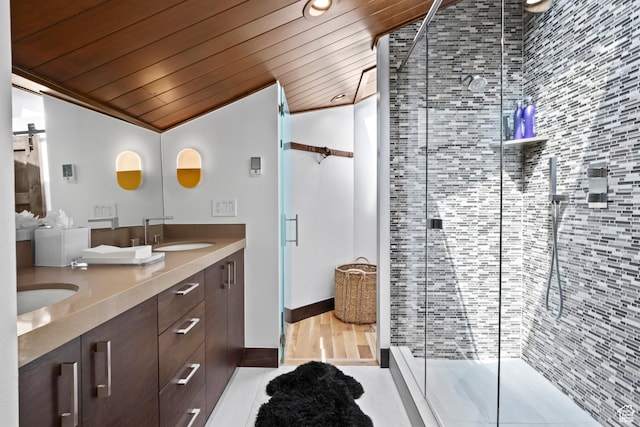 8120 Cache Dr Unit 9, Park City, UT 84060 - bathroom featuring vaulted ceiling, double vanity, a stall shower, and wood ceiling