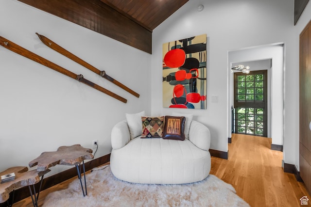 8120 Cache Dr Unit 9, Park City, UT 84060 - sitting room with wood finished floors, baseboards, wood ceiling, and high vaulted ceiling
