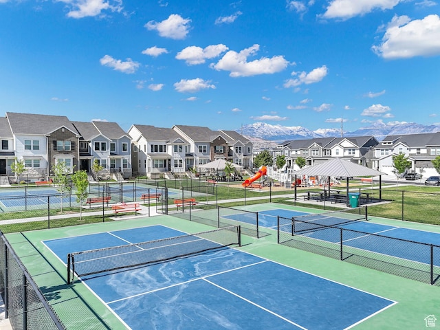 3722 W 1440 N Unit F301, Lehi, UT 84043 - view of tennis court featuring a residential view, a gazebo, and a mountain view