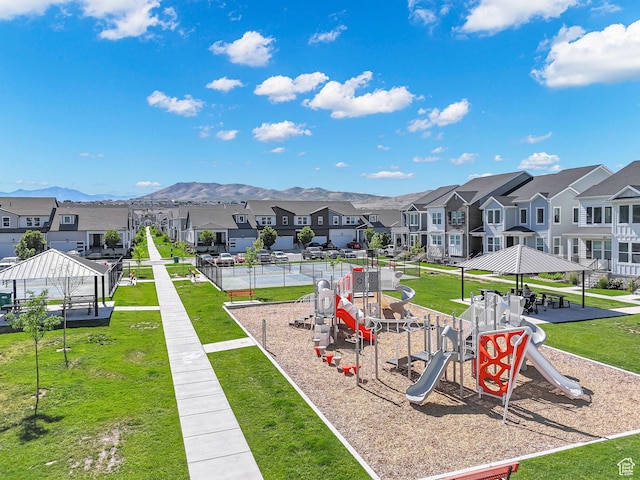 3722 W 1440 N Unit F301, Lehi, UT 84043 - view of home's community with a residential view, a mountain view, a yard, and a gazebo