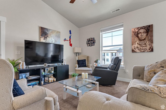 3722 W 1440 N Unit F301, Lehi, UT 84043 - carpeted living area with a ceiling fan, vaulted ceiling, and baseboards