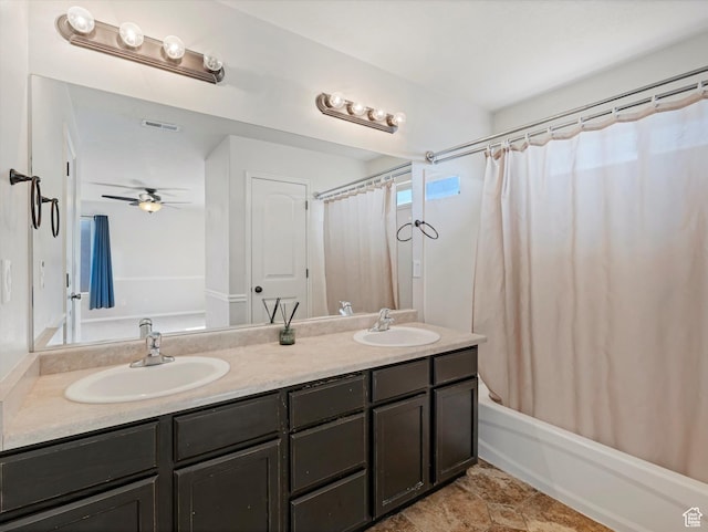 8052 N Clearwater Rd, Eagle Mountain, UT 84005 - bathroom featuring double vanity, shower / bathtub combination with curtain, and a ceiling fan