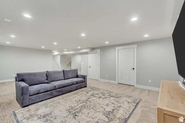 3041 S Hollow Way, Saratoga Springs, UT 84045 - living area featuring recessed lighting, baseboards, stairway, and light colored carpet
