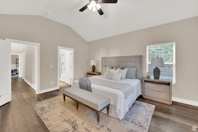 10756 S Navarro Way W, South Jordan, UT 84009 - bedroom featuring lofted ceiling, wood finished floors, baseboards, ceiling fan, and connected bathroom