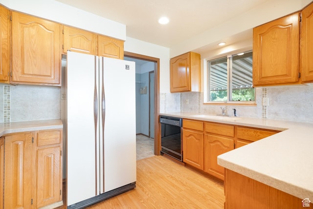 649 W Bulldog Cir, Murray, UT 84123 - kitchen featuring freestanding refrigerator, dishwasher, a sink, light wood-style flooring, and light countertops