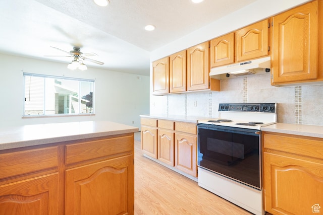 649 W Bulldog Cir, Murray, UT 84123 - kitchen featuring range with electric cooktop, under cabinet range hood, light countertops, decorative backsplash, and recessed lighting