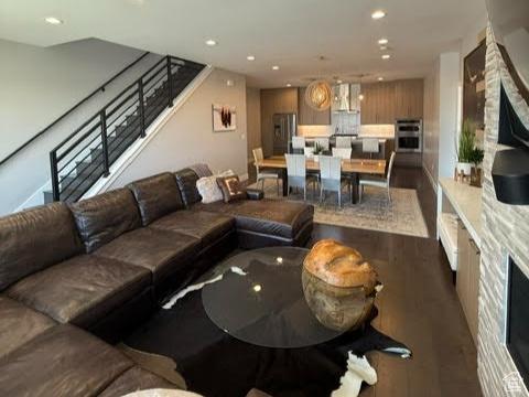 795 E Miner Way, Hideout, UT 84036 - living area with stairs, dark wood-style flooring, and recessed lighting