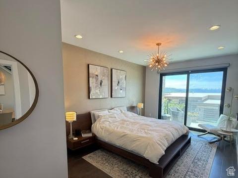 795 E Miner Way, Hideout, UT 84036 - bedroom featuring wood finished floors, access to outside, a chandelier, and recessed lighting