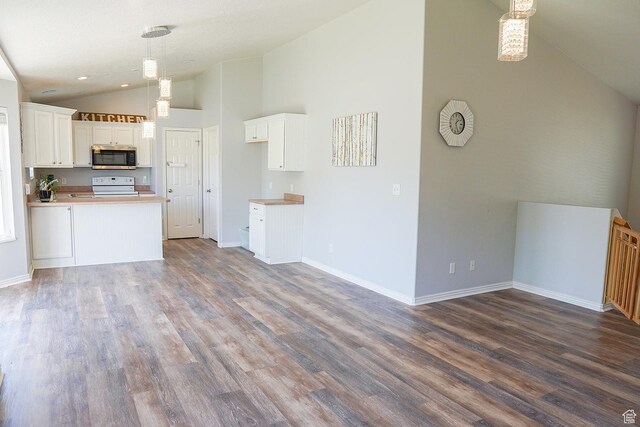 197 W 1750 N, Lehi, UT 84043 - kitchen featuring stainless steel microwave, electric stove, white cabinetry, dark wood-style flooring, and high vaulted ceiling