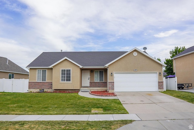 197 W 1750 N, Lehi, UT 84043 - ranch-style home featuring stucco siding, a garage, brick siding, concrete driveway, and a shingled roof