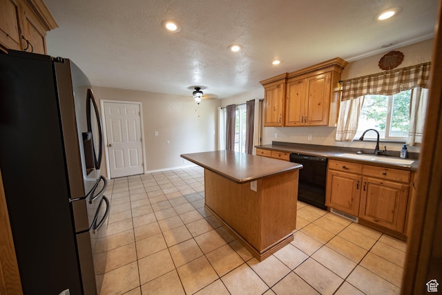 617 Aspen Cir, Price, UT 84501 - kitchen with stainless steel refrigerator with ice dispenser, black dishwasher, a kitchen island, recessed lighting, and light tile patterned floors