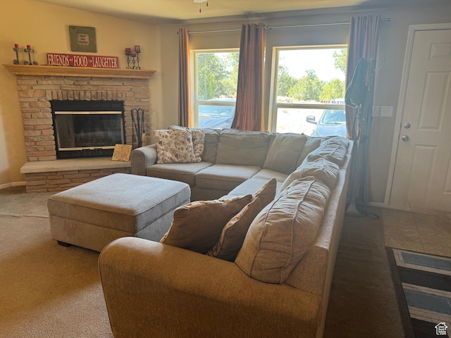 6430 S 37280 W Unit 40, Fruitland, UT 84027 - living room with carpet flooring and a brick fireplace