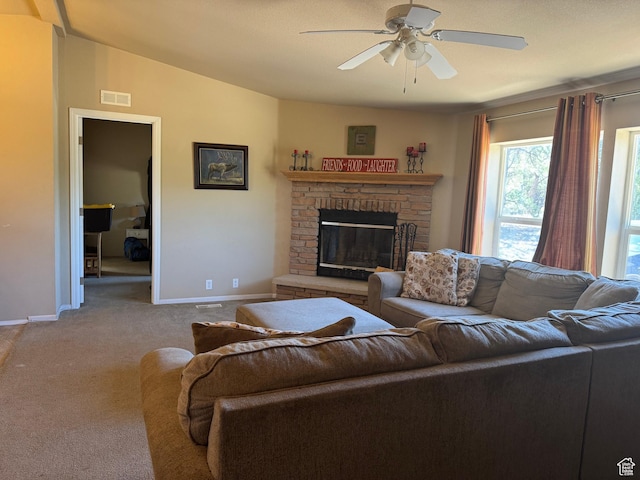 6430 S 37280 W Unit 40, Fruitland, UT 84027 - living area with carpet floors, a ceiling fan, a fireplace, and vaulted ceiling