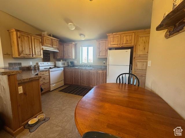 6430 S 37280 W Unit 40, Fruitland, UT 84027 - kitchen with white appliances, under cabinet range hood, a peninsula, and dark countertops