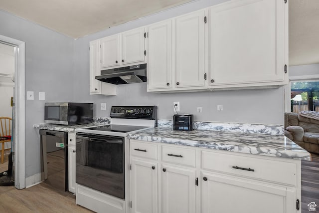 1866 E Village Rd S, Salt Lake City, UT 84121 - kitchen with under cabinet range hood, electric stove, stainless steel microwave, dishwasher, and light wood-style floors
