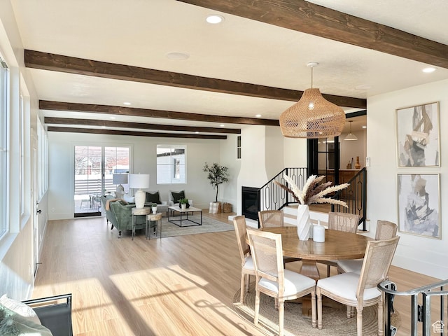 5862 S Ayrshire Dr, Murray, UT 84107 - dining area featuring beamed ceiling, wood finished floors, stairs, and recessed lighting