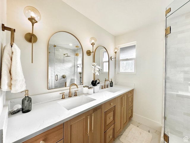 5862 S Ayrshire Dr, Murray, UT 84107 - bathroom featuring double vanity, a stall shower, and marble finish flooring