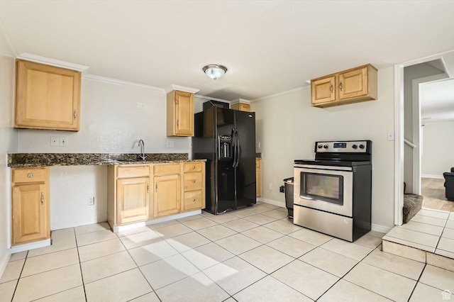 293 E 4800 S, Murray, UT 84107 - kitchen featuring electric range, black fridge, light brown cabinets, light tile patterned flooring, and ornamental molding