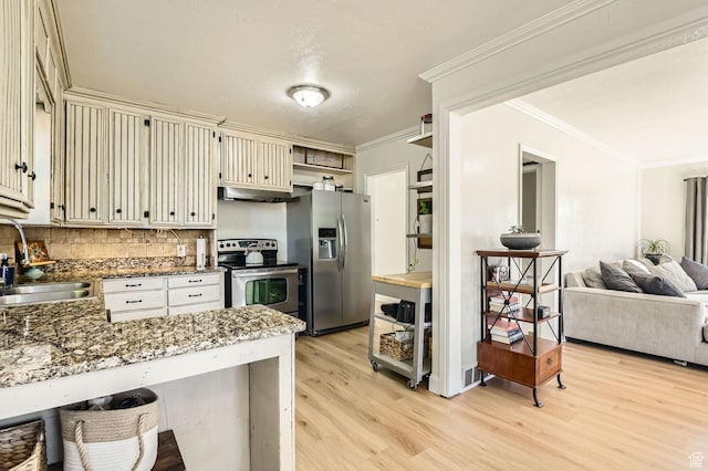 293 E 4800 S, Murray, UT 84107 - kitchen with appliances with stainless steel finishes, under cabinet range hood, light wood-style floors, cream cabinetry, and decorative backsplash