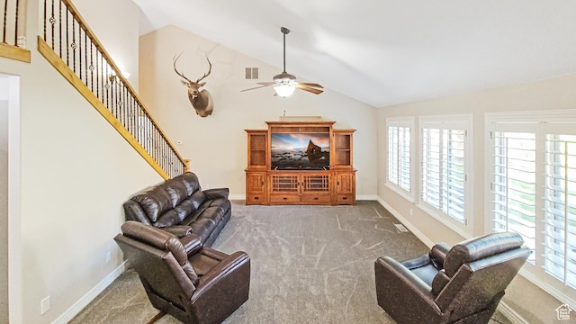 1812 E 1460 S, Spanish Fork, UT 84660 - living room featuring carpet floors, ceiling fan, plenty of natural light, and lofted ceiling