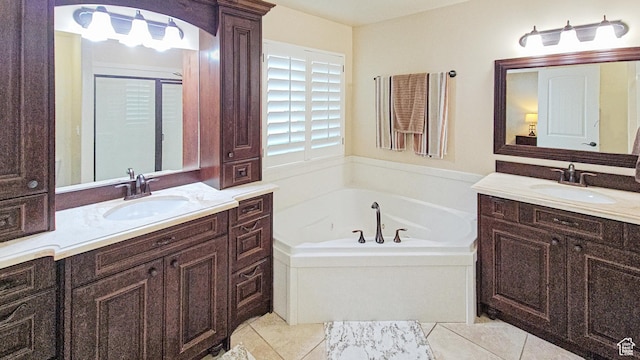1812 E 1460 S, Spanish Fork, UT 84660 - bathroom featuring two vanities, a bath, and tile patterned flooring