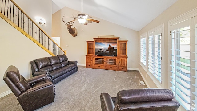 1812 E 1460 S, Spanish Fork, UT 84660 - carpeted living room with a ceiling fan, plenty of natural light, high vaulted ceiling, and stairs