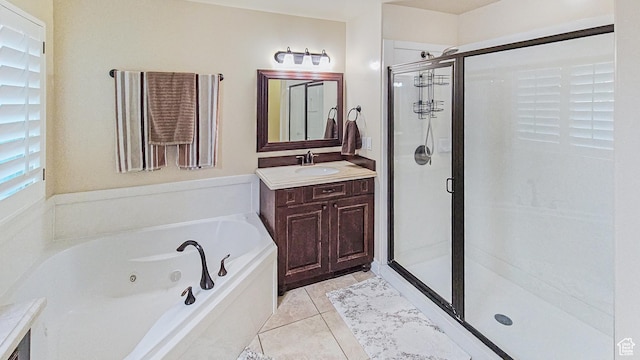 1812 E 1460 S, Spanish Fork, UT 84660 - full bathroom with vanity, a stall shower, a tub with jets, and tile patterned floors
