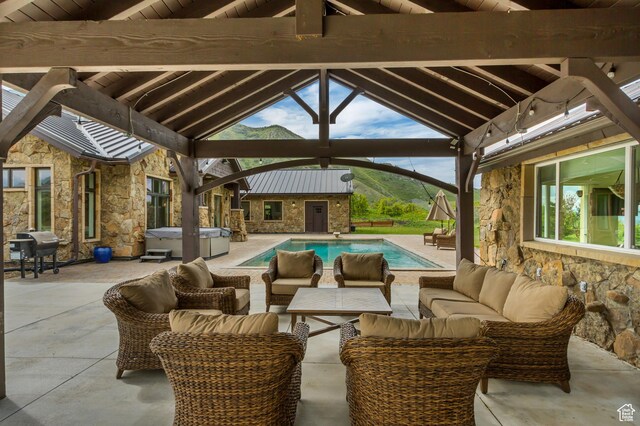 370 S Got Teeth Ln E, Emigration Canyon, UT 84108 - view of patio / terrace featuring a gazebo, outdoor lounge area, grilling area, an outdoor pool, and a hot tub