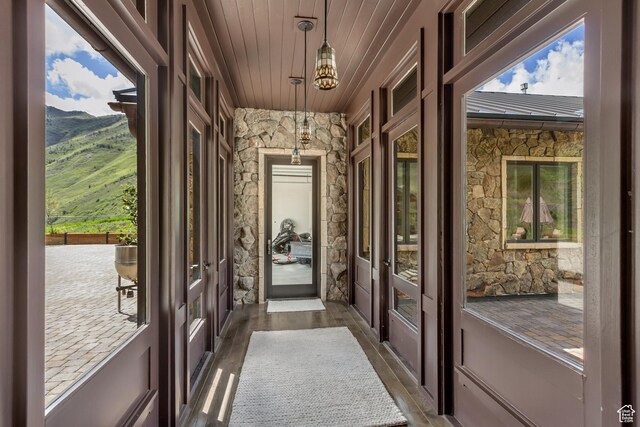 370 S Got Teeth Ln E, Emigration Canyon, UT 84108 - entryway with wood ceiling, french doors, dark wood-type flooring, and a mountain view