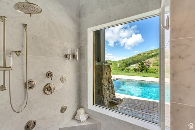 370 S Got Teeth Ln E, Emigration Canyon, UT 84108 - bathroom with tiled shower and a mountain view