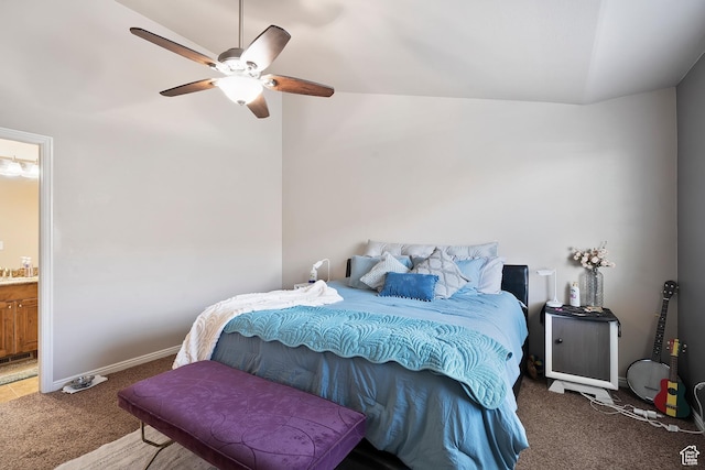 490 E 700 S Unit 524, Clearfield, UT 84015 - bedroom featuring carpet floors, lofted ceiling, connected bathroom, and a ceiling fan