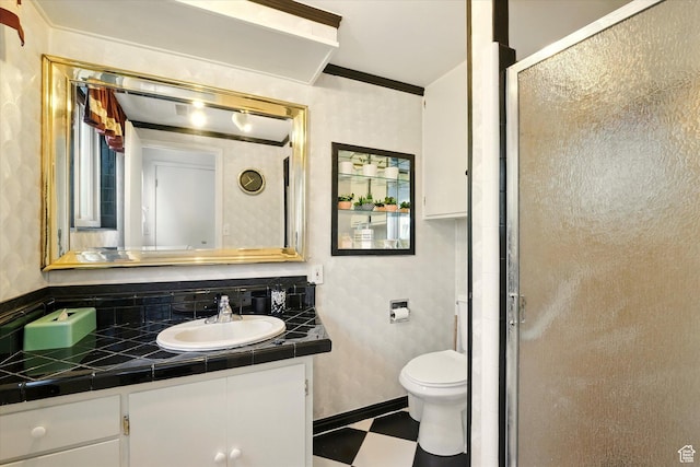 1188 N 600 E, Logan, UT 84341 - bathroom with vanity, tile patterned floors, a shower stall, and ornamental molding