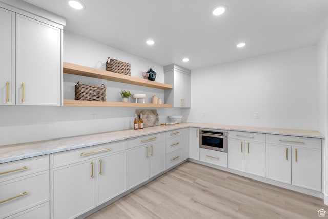 2795 E Palma Way, Cottonwood Heights, UT 84121 - kitchen featuring wall oven, open shelves, white cabinetry, recessed lighting, and light wood-style flooring