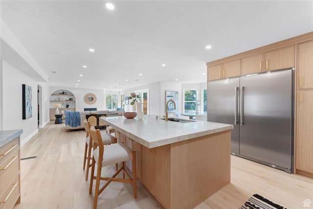 2795 E Palma Way, Cottonwood Heights, UT 84121 - kitchen featuring stainless steel built in refrigerator, light brown cabinetry, built in features, recessed lighting, and light wood-type flooring