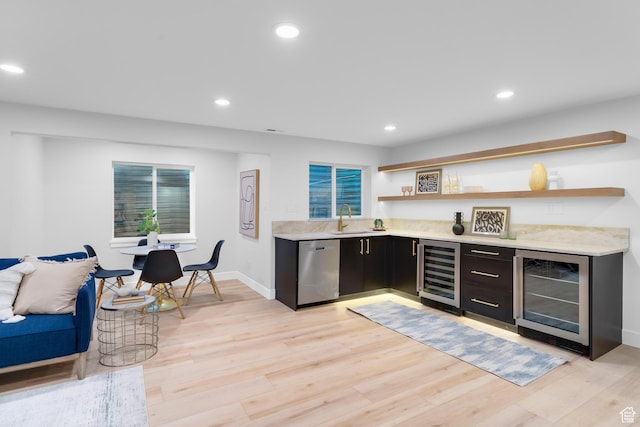 2795 E Palma Way, Cottonwood Heights, UT 84121 - indoor dry bar featuring wine cooler, stainless steel dishwasher, light wood-style floors, and recessed lighting