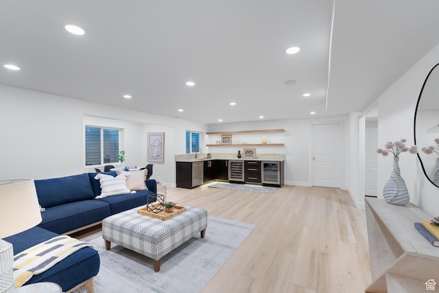 2795 E Palma Way, Cottonwood Heights, UT 84121 - living area featuring beverage cooler, light wood-style flooring, recessed lighting, and wet bar