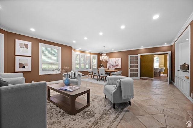 5757 S Holladay Blvd E, Holladay, UT 84121 - living area featuring recessed lighting, ornamental molding, a chandelier, and light tile patterned floors