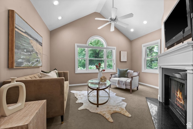 5757 S Holladay Blvd E, Holladay, UT 84121 - living room featuring a premium fireplace, lofted ceiling, healthy amount of natural light, carpet floors, and ceiling fan
